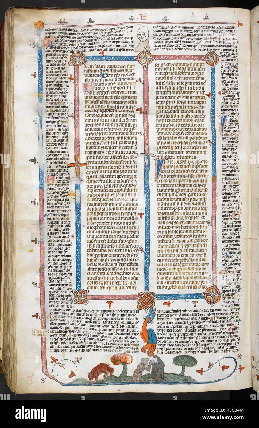 A bas-de-page scene of a monk blessing Mary of Egypt, with a bear on the left. Decretals of Gregory IX with glossa ordinaria (the 'Smithfield Decretals'). France, S. (Toulouse?); last quarter of the 13th century or 1st quarter of the 14th century. Source: Royal 10 E. IV, f.284v. Language: Latin. Author: Raymond of PeÃ±afort, editor. Bernard of Parma, glossator. Stock Photo