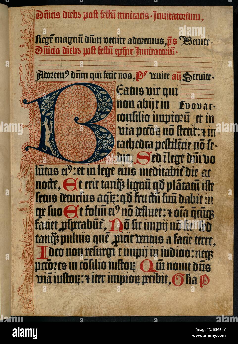 Initial: capital 'B' from the Mainz Psalter. Mainz Psalter. Printed by Fust and Scoeffer, 1457. Source: G.12216. Stock Photo