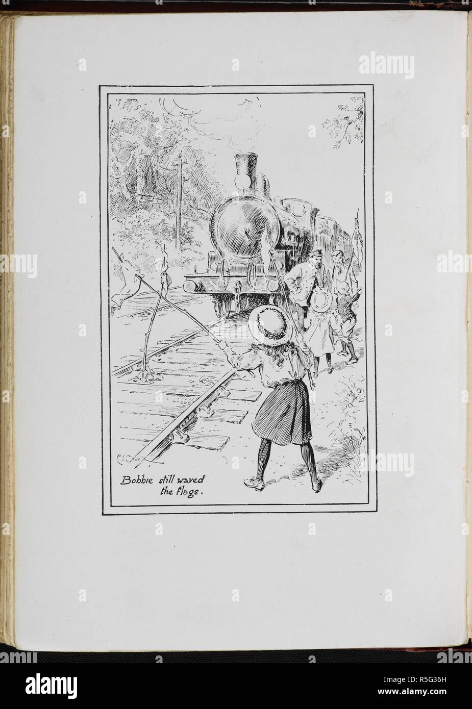 Bobbie still waived the flags. The Railway Children With drawings by C E Brock. London : Wells Gardner & Co., 1906. Source: 12813.y.7 page 135. Language: English. Author: Brock, Charles Edmund. Nesbit, afterwards Bland, Edith. Stock Photo