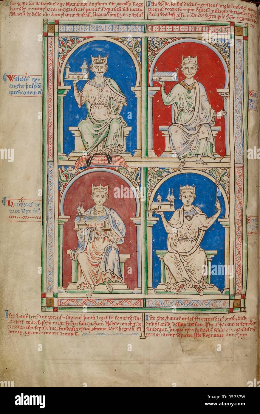 Imaginary portraits of four Kings of England holding models of churches: above, William the Conqueror and William Rufus; below, Henry I and Stephen. Historia Anglorum. England (St Albans), 1250-1259. Source: Royal 14 C. VII, f.8v. Language: Latin. Author: PARIS, MATTHEW. Stock Photo