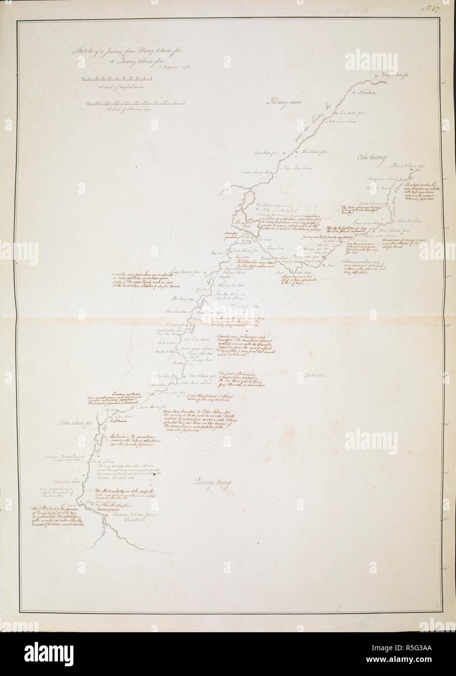 'A sketch of a journey from Hang-tcheou-foo to Quangtcheou-foo,' or Canton; drawn in 1793 by J. Barrow, on a scale of 30 miles to an inch. . A collection of eighty views, maps, portraits and drawings illustrative of the Embassy sent to China under George, Earl of Macartney, in 1793; drawn chiefly by William Alexander, some by Sir John Barrow, Bart., some by Sir Henry Woodbine Parish, and one by William Gomm. Many of them are engraved in Sir George Staunton's Narrative of the Embassy, published in 1797. Engraved in Sir George Staunton's Account of Lord Macartney's Embassy, atlas, No. 10. 1793.  Stock Photo