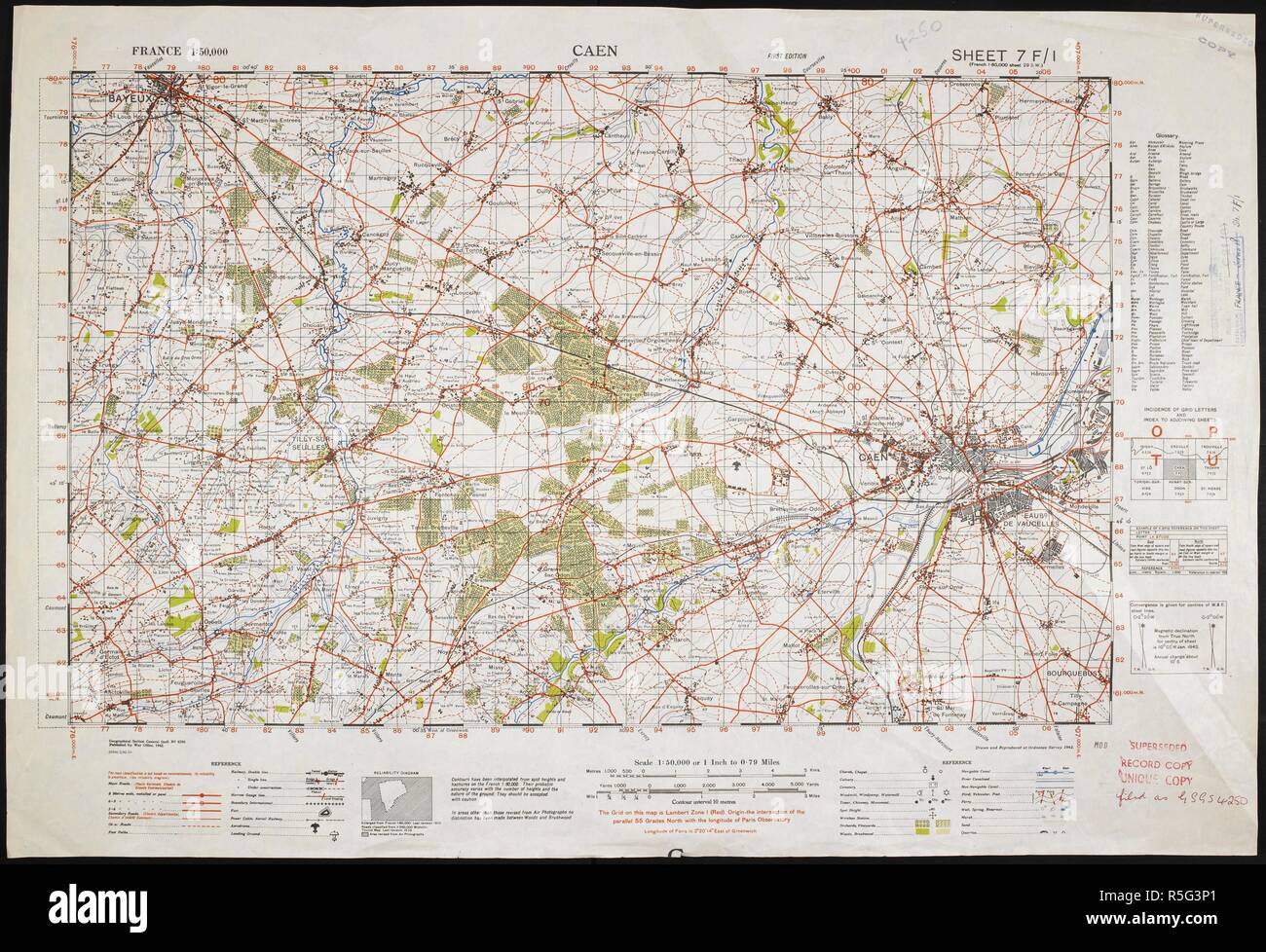 Ordnance Survey Map France Map Showing Caen And Surrounding Area, Dated 1942. France 1:50,000 , Series  Gsgs 4250. [London] : Ordnance Survey, 1942. Col.; Scale 1:50 000. Source:  Maps Mod Gsgs 4250 Stock Photo - Alamy
