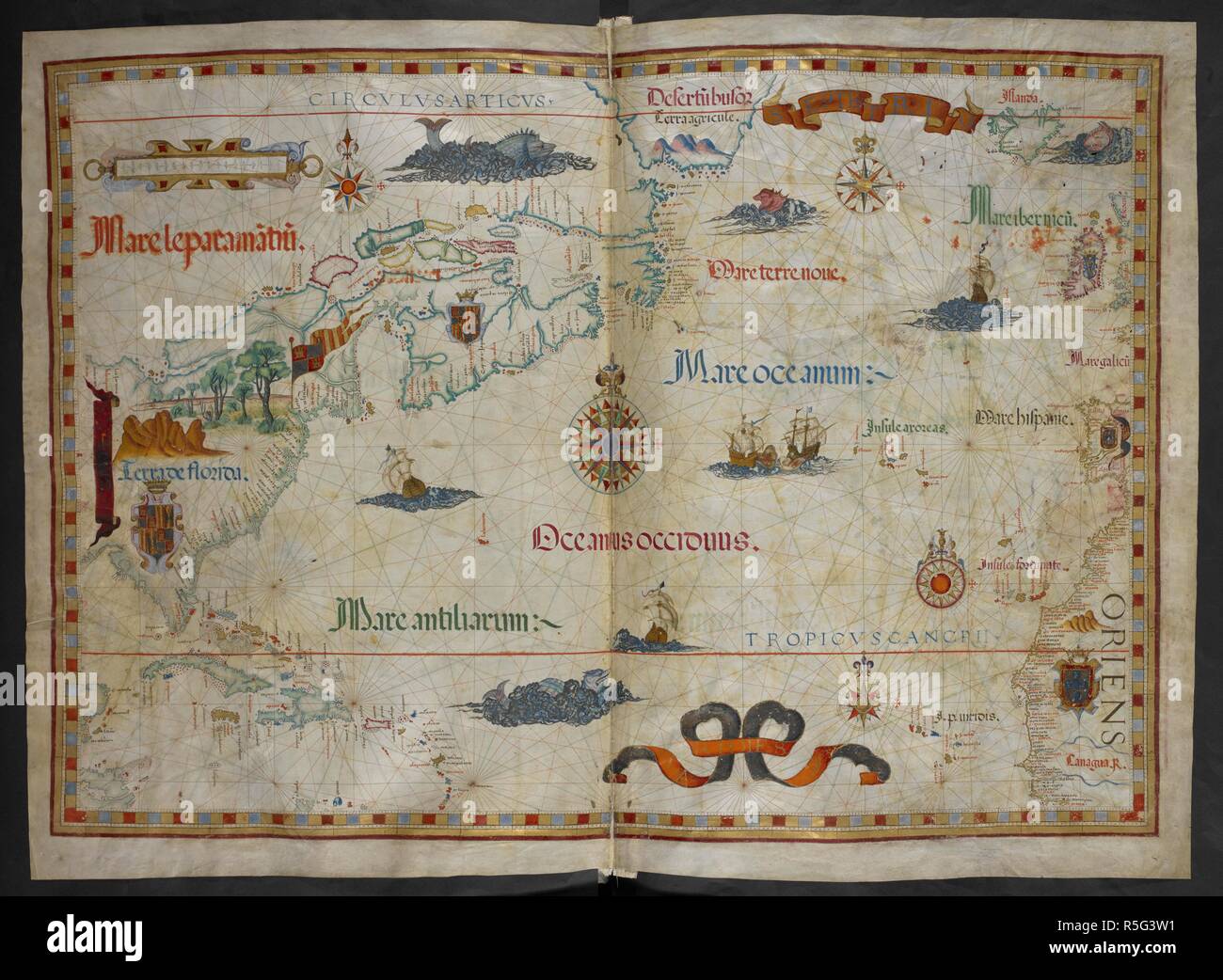 Chart of the North Atlantic Ocean from Florida on the west to Iceland, Ireland and the Iberian peninsula on the east. Queen Mary Atlas. 1558. Source: Add. 5415 A, ff.19v-20. Author: Homem, Diego. Stock Photo