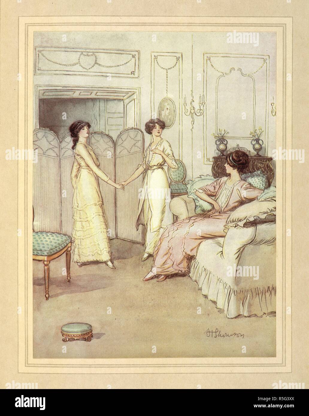 Three women of the household having a discussion. The Admirable Crichton ... Illustrated by Hugh Thomson. Hodder & Stoughton: London, [1914.]. Source: K.T.C.102.b.3, 36. Stock Photo