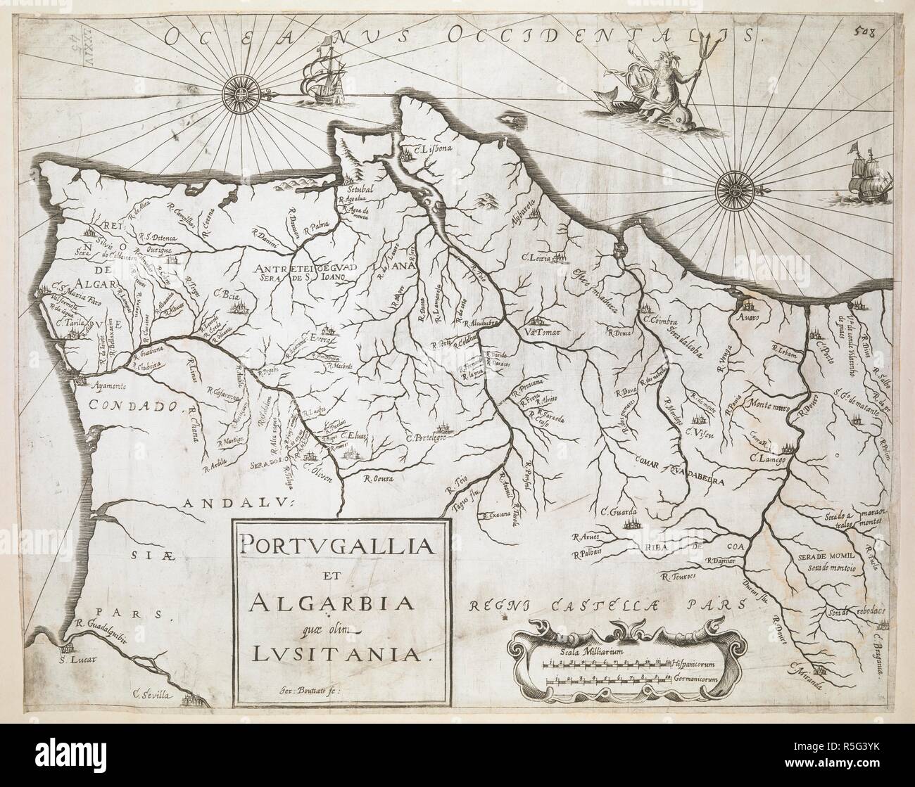 A map of Portugal and the Algarve. Portugallia et Algarbia, quae olim Lusitania. Source: Maps K.Top.74.45. Stock Photo