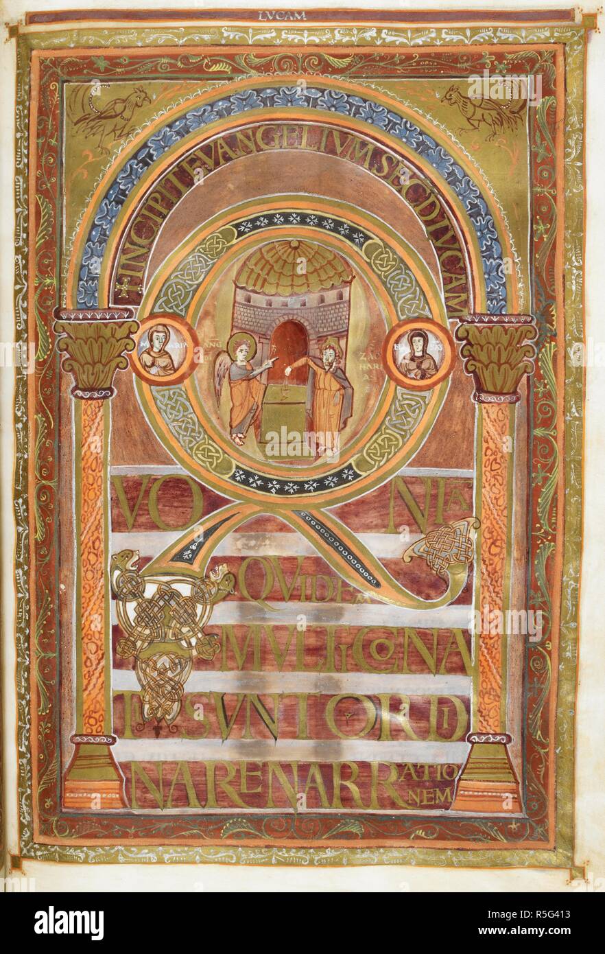 Incipit page of St Luke's Gospel. Text with initial 'Q', Zacharias is told by an angel of the forthcoming birth of John the Baptist. Harley Golden Gospels. Four Gospels (the 'Golden Gospels', 'Harley Golden Gospels'; 'Codex Aureus'), with canon tables. Carolingian Empire [Aachen?]; circa 800. Source: Harley 2788, f.109. Language: Latin. Stock Photo