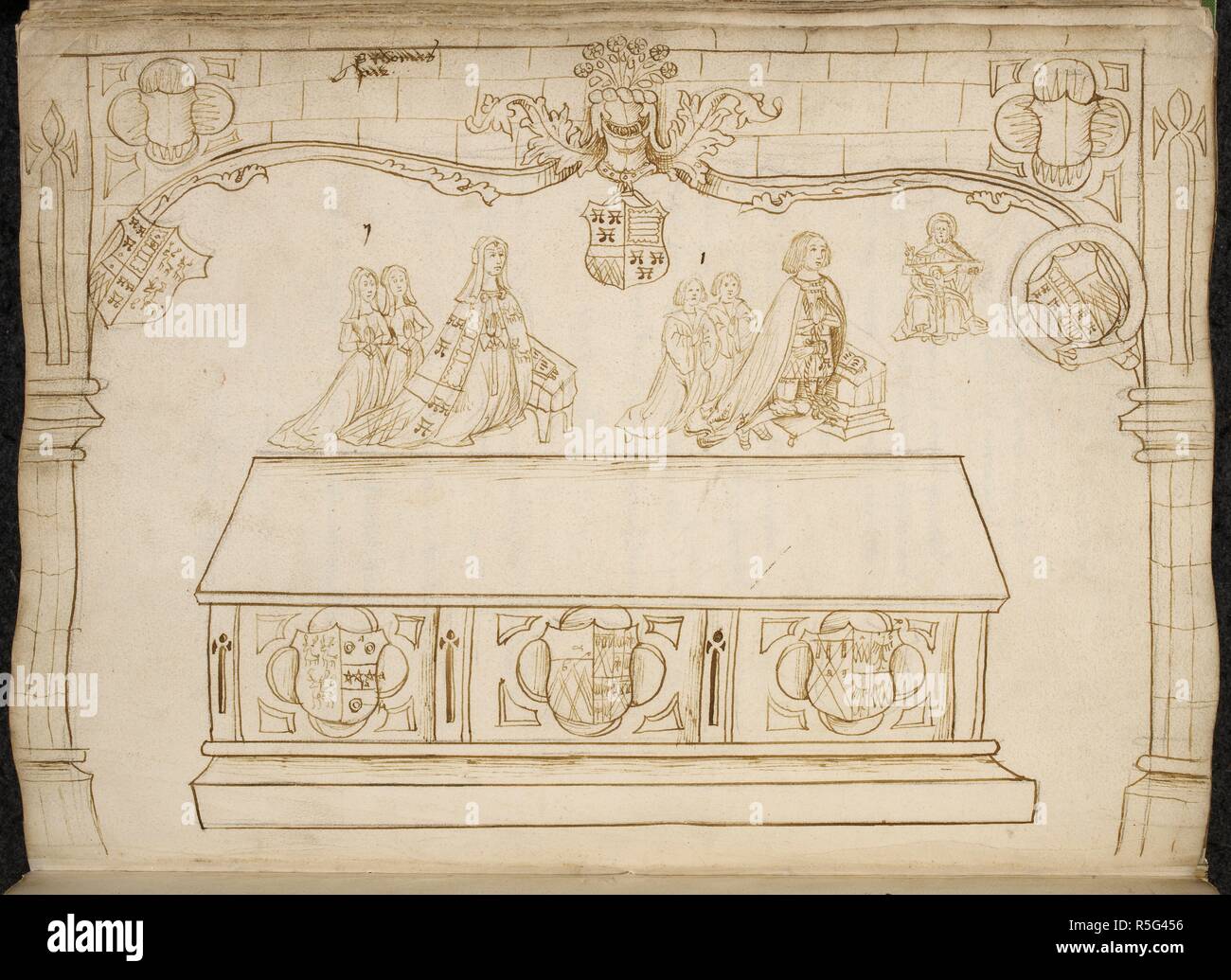 Heraldic drawing of Sir Thomas Parr's tomb. WRIOTHESLEY HERALDIC COLLECTIONS. Vol. I. Collections relating to funerals. 1463-1531. Source: Add. 45131, f.109v. Language: English. Stock Photo