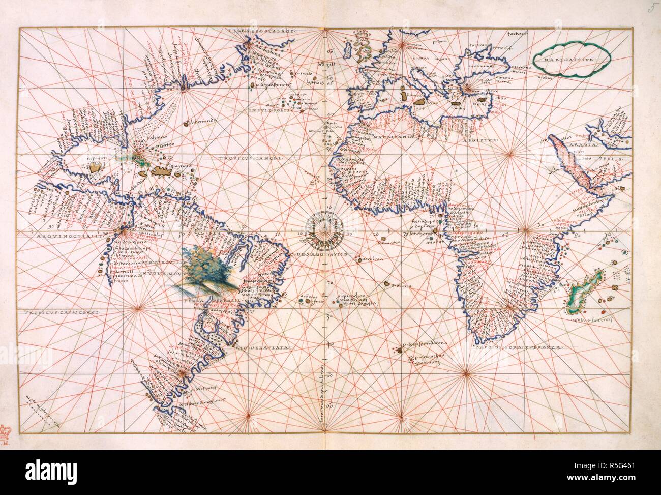 Chart of western hemisphere. A Portolan atlas. Venice, circa 1540. Chart of the western hemisphere including the east coast of America, the Atlantic Ocean, Europe and Africa.  Image taken from A Portolan atlas.  Originally published/produced in Venice, circa 1540. . Source: Add. 18154, ff.4v-5. Stock Photo