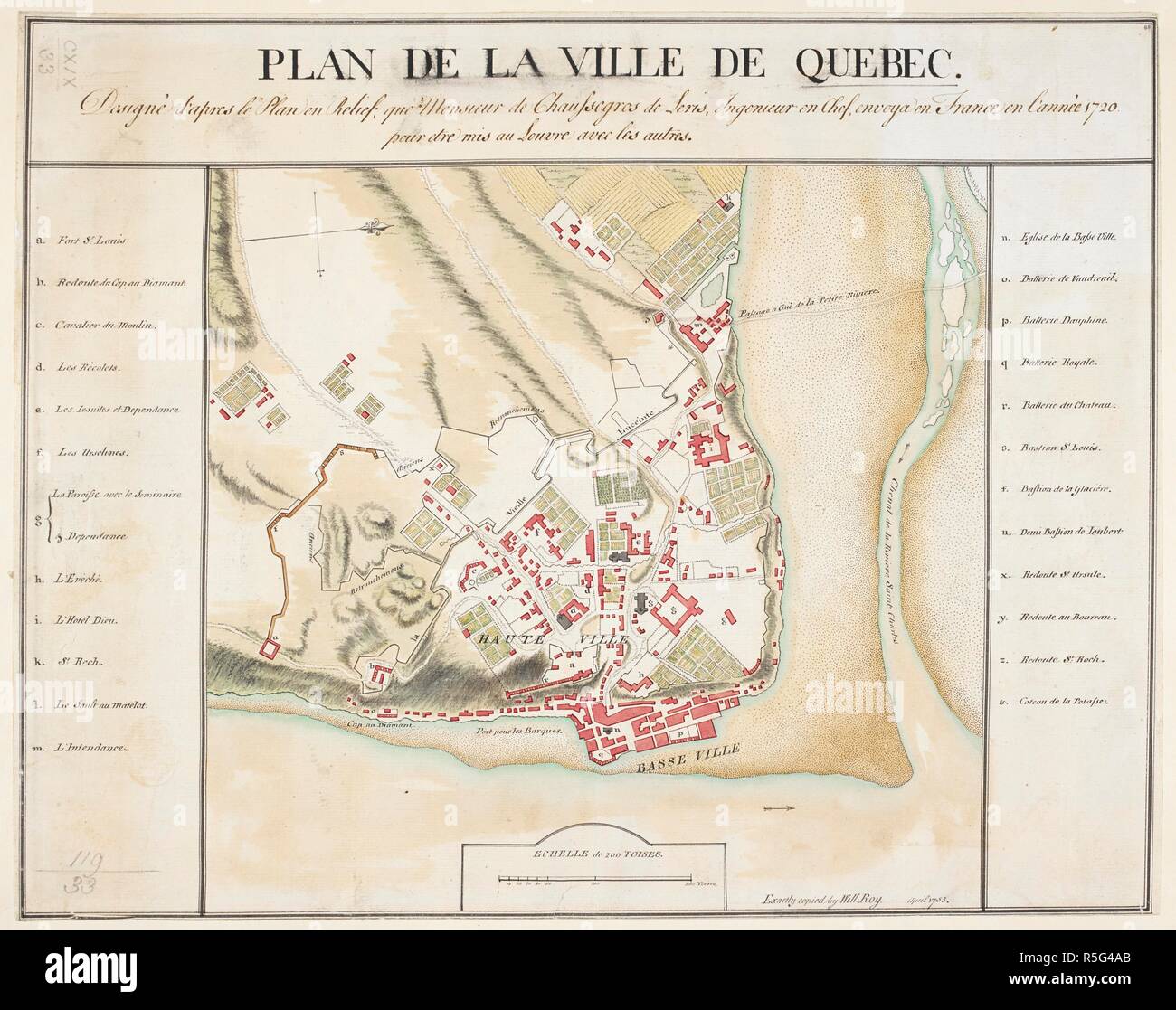 A manuscript plan of the city of Quebec . PLAN DE LA VILLE DE QUEBEC. [Quebec?] : [producer not identified], [between 1720 and 1755.]. Manuscript pen and ink with watercolour. Source: Maps K.Top.119.33. Language: French. Stock Photo