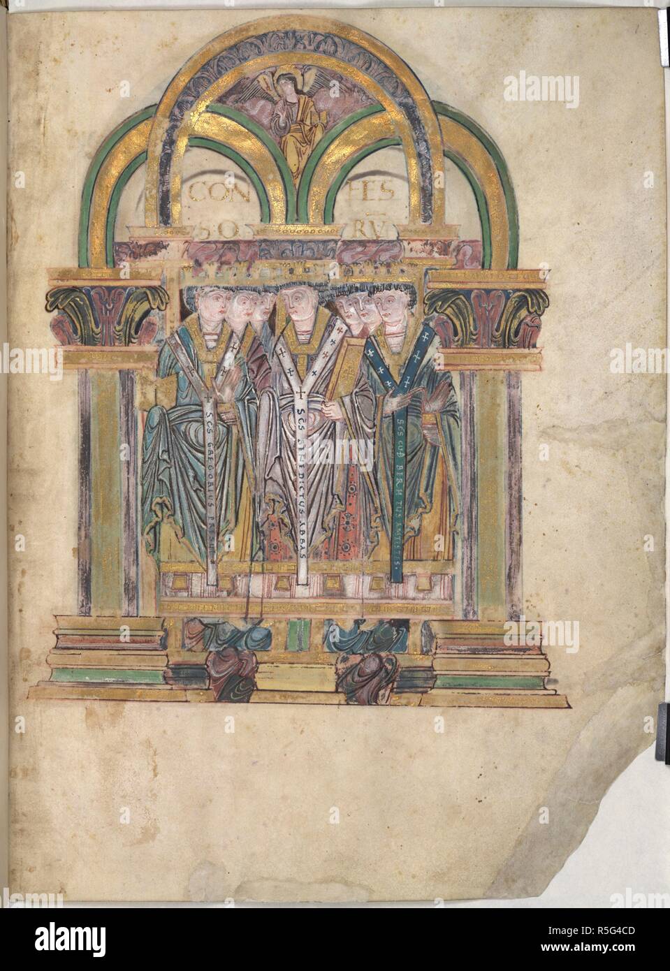 The Choir of Confessors. Benedictional of St. Aethelwold. Winchester; 971-984. [Whole folio] The first of the Seven Choirs of Saints; the Choir of Confessors, set within an arched frame. Seven crowned saints, including Saint Benedict, shown in the centre, as the founder the Benedictine Order, and the Rule by which Aethelwold and his colleagues lived. Either side, St. Gregory the Great and St. Cuthbert; both monks were associated with the early flowering of monasrtic culture in England before the Viking invasions  Image taken from Benedictional of St. Aethelwold.  Originally published/produced  Stock Photo