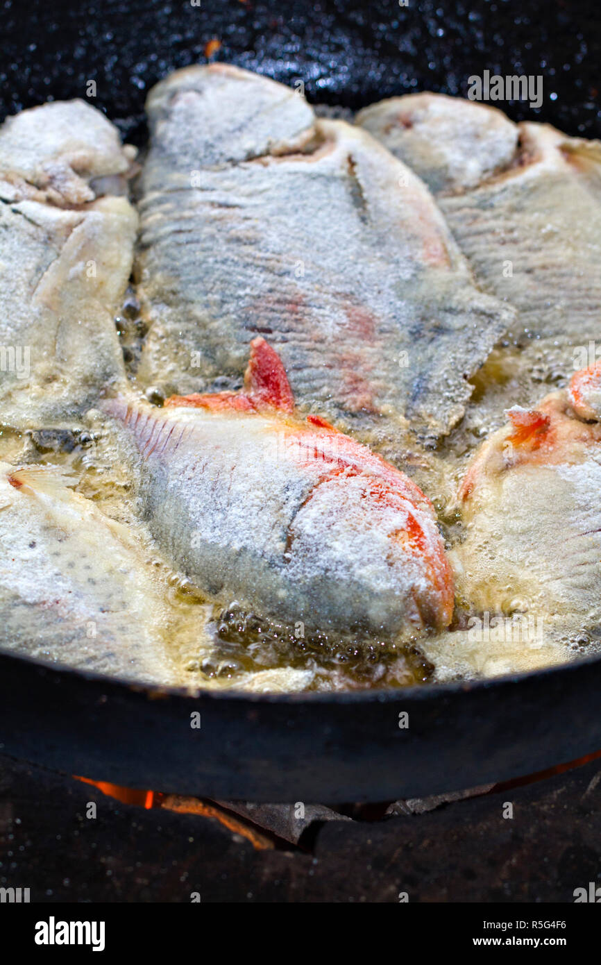 Venezuela, Delta Amacuro, Orinoco Delta, Cooking Piranha Fish Stock Photo