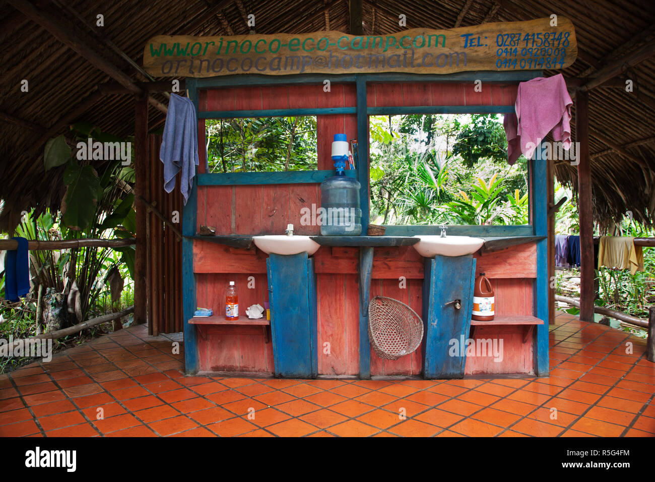 Venezuela, Delta Amacuro, Orinoco Delta, Orinoco Eco Camp, Jungle Bathroom Stock Photo