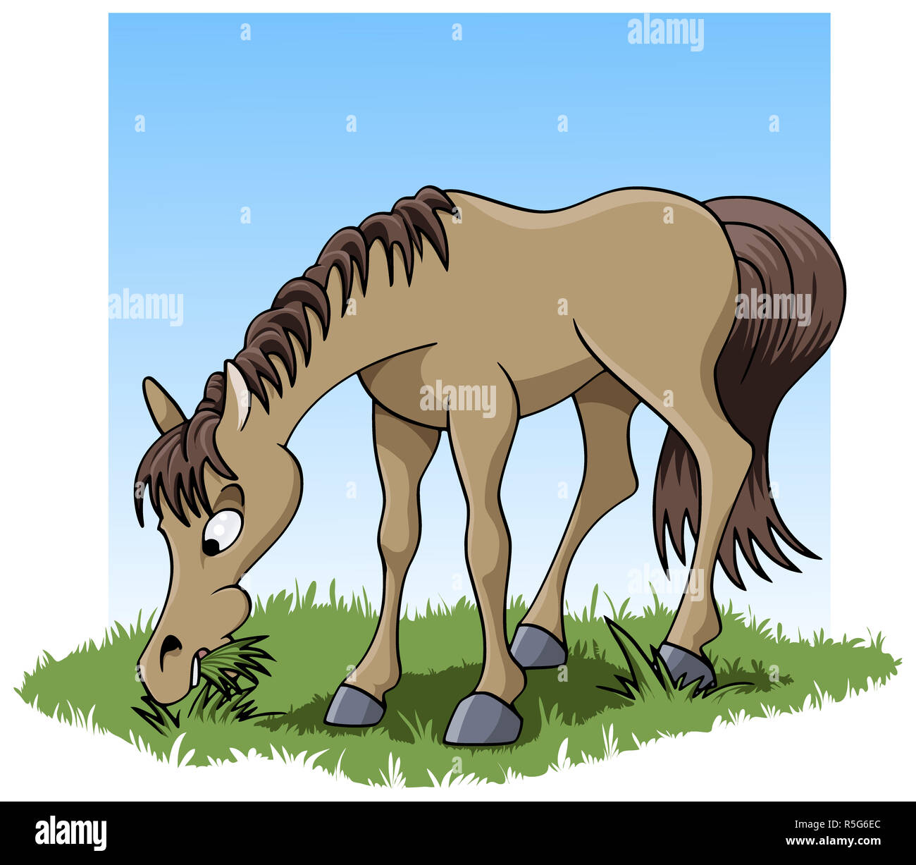 Cartoonstyle illustration a cute young horse eating grass Stock Photo