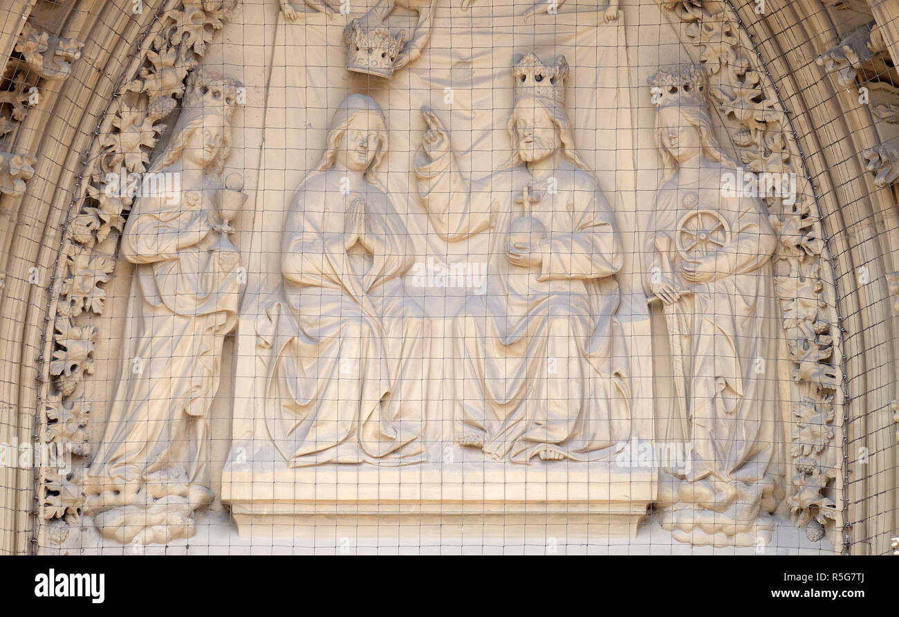 The tympanum shows the Coronation of the Virgin portal of the Marienkapelle in Wurzburg, Bavaria, Germany Stock Photo
