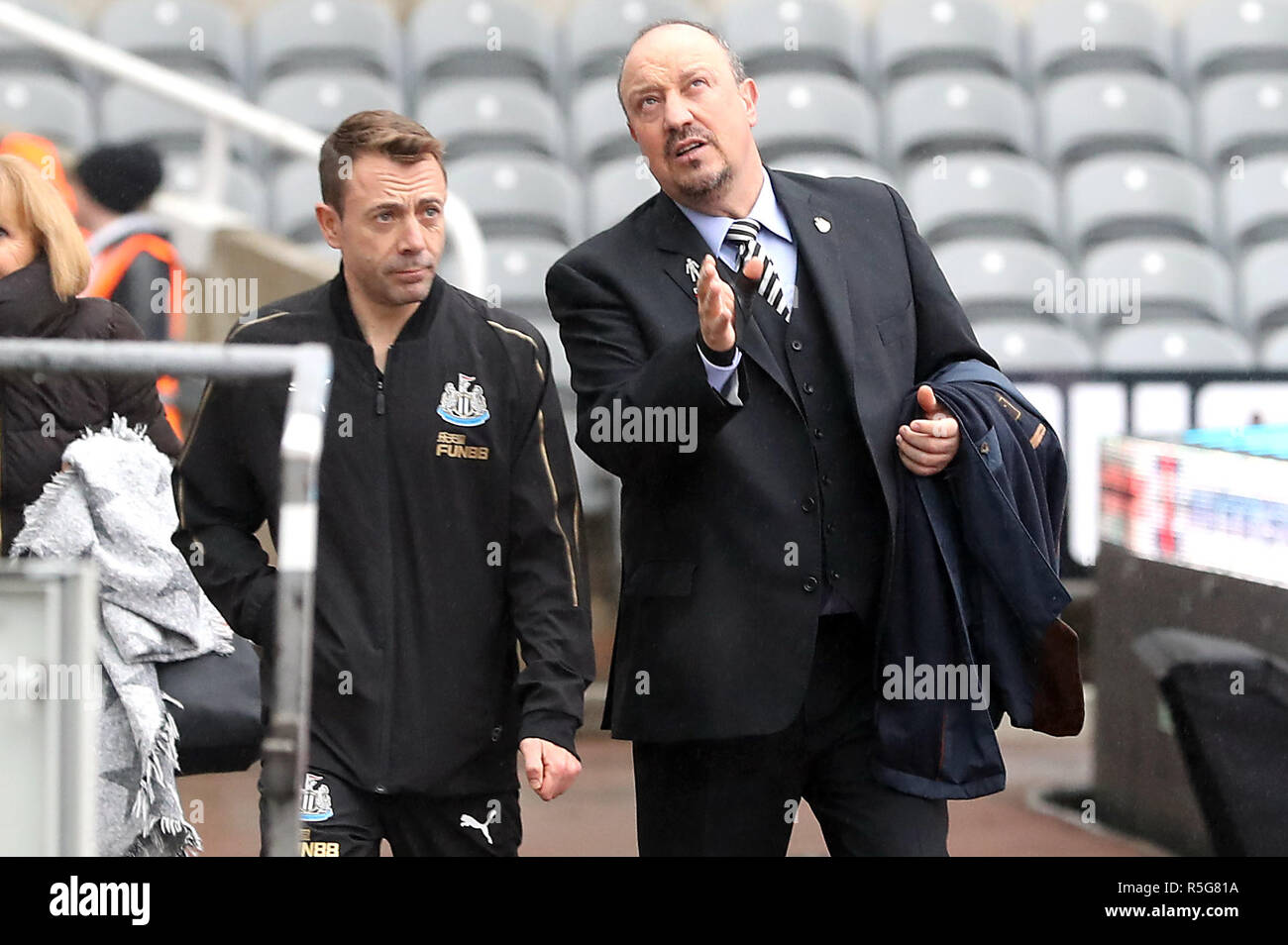 Newcastle United manager Rafael Benitez (right) arrives at the ground before the Premier League match at St James' Park, Newcastle. PRESS ASSOCIATION Photo. Picture date: Saturday December 1, 2018. See PA story SOCCER Newcastle. Photo credit should read: Owen Humphreys/PA Wire. RESTRICTIONS: No use with unauthorised audio, video, data, fixture lists, club/league logos or 'live' services. Online in-match use limited to 120 images, no video emulation. No use in betting, games or single club/league/player publications. Stock Photo