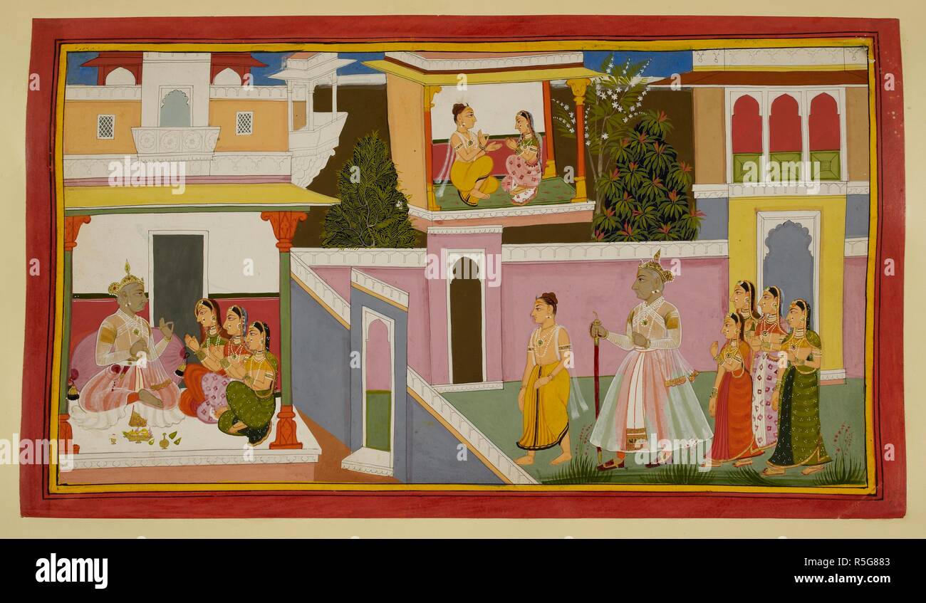 Rishyasringa enters the palace. Ramayana, Bala Kanda. Udaipur, 1712
