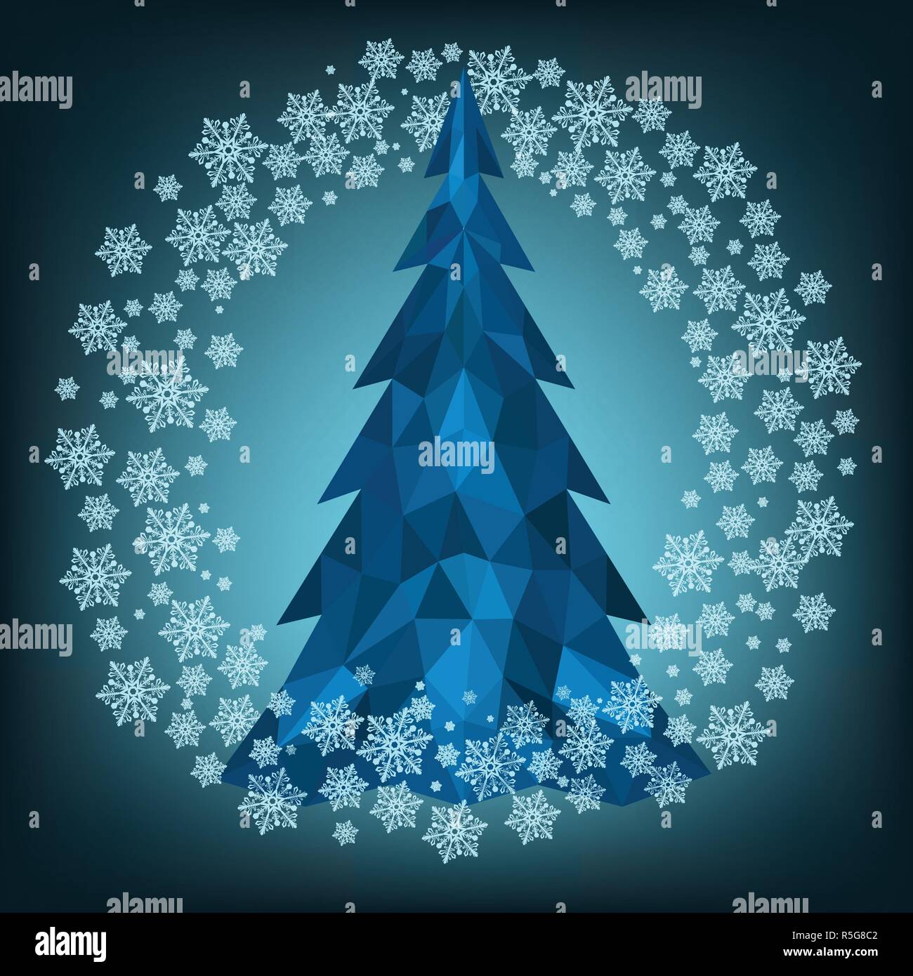Christmas polygonal Christmas tree in blue with snowflakes vector
