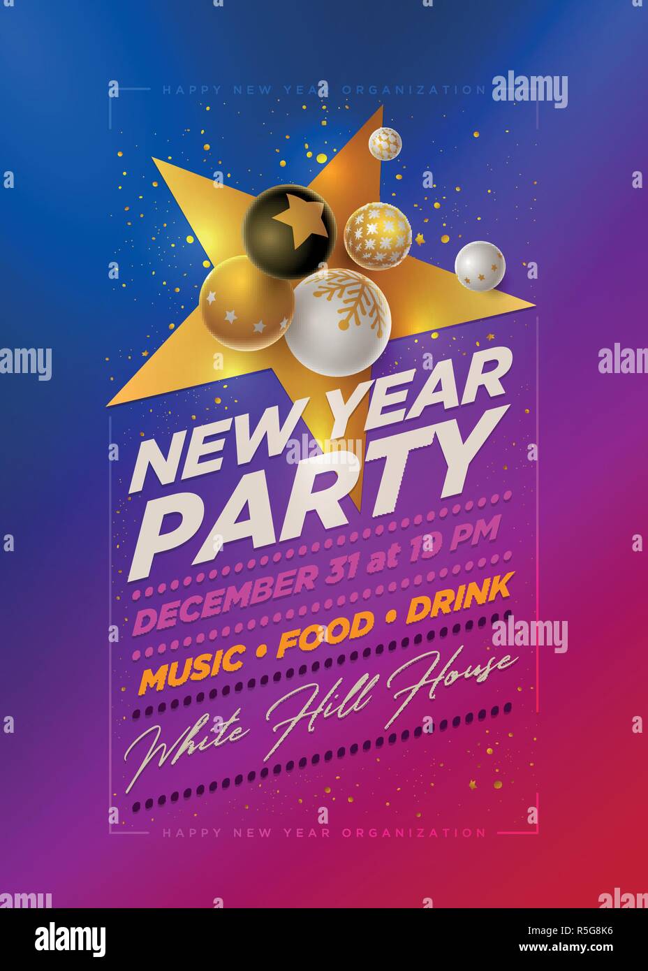 Vector New Year Party poster design template with 3d white, black and ...