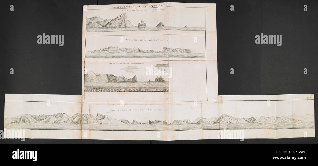 Various views of headlands on the coasts of New Zealand; drawn by Lieut. James Cook, in his first voyage. Charts, Plans, Views, and Drawings taken on board the Endeavour during Captain Cook's First Voyage, 1768-1771. ca. 1769-1770. Source: Add. 7085, No.28. Stock Photo