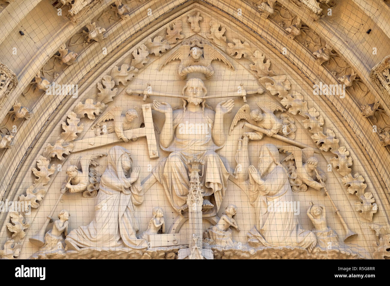 The tympanum shows the Last Judgment, portal of the Marienkapelle in Wurzburg, Bavaria, Germany Stock Photo