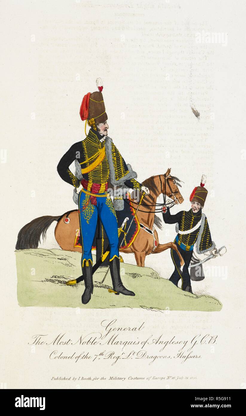 General. The most noble Marquis of Anglesey, GCB. Colonel of the 7th Regiment of Light Dragoons, Hussars. Two light cavalrymen, both wear a busby, pelisse and dolman. The Marquis wears blue breeches. . The Military Costume of Europe exhibited in a series of ... Military Figures in the uniform of their several corps, with a concise description, etc. London, 1812-22. Source: 140.g.21 volume 1. Stock Photo