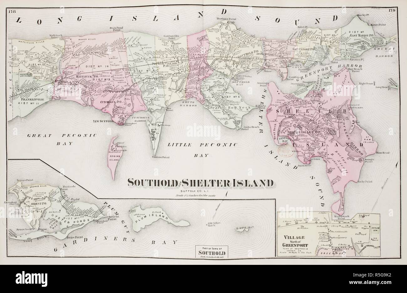 Map of Southold Shelter Island on Long Island New York in the United States. . Atlas of Long Island, New York. From recent and actual Surveys and Records under the superintendence of F.W. Beers. New York, 1873. Source: Maps.33.d.17 ff.178-179. Language: English. Stock Photo