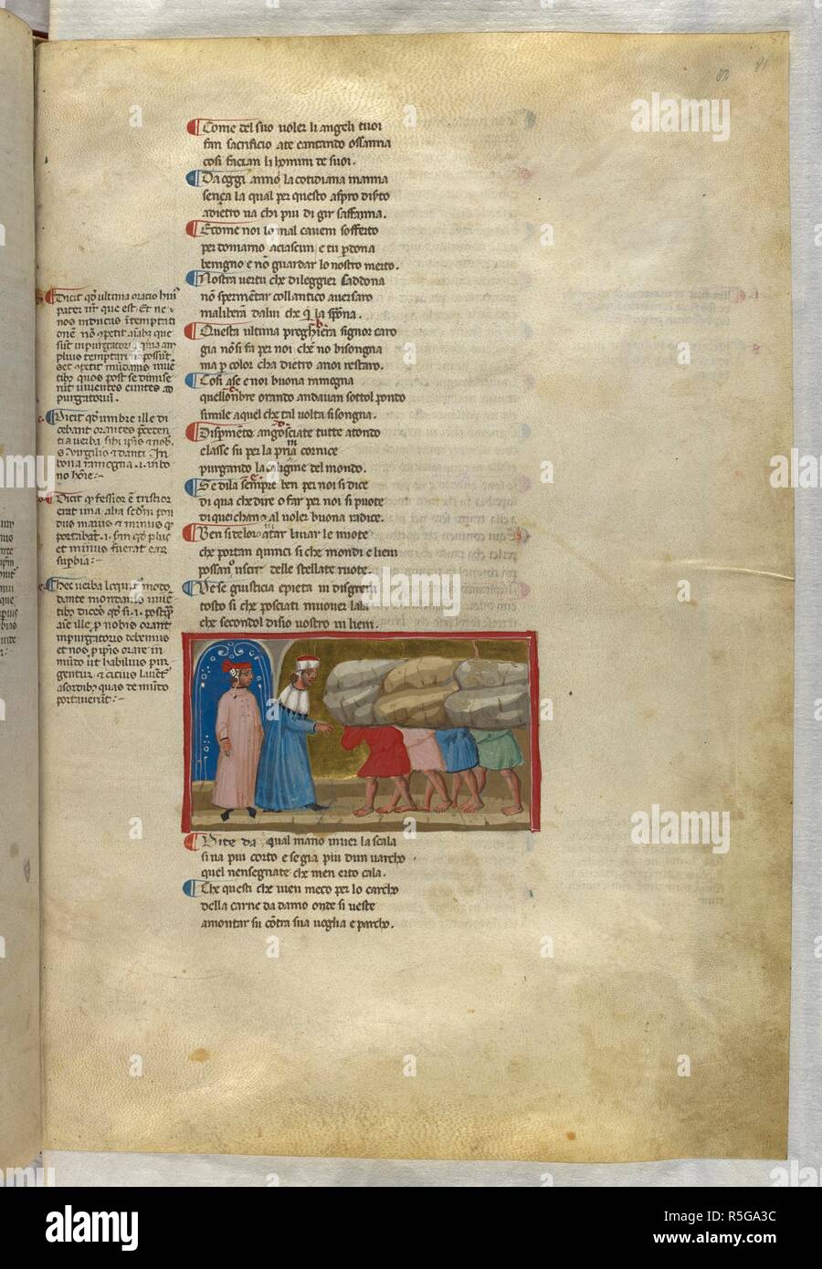 Purgatorio: Virgil speaks to the souls of the proud. Dante Alighieri, Divina Commedia ( The Divine Comedy ), with a commentary in Latin. 1st half of the 14th century. Source: Egerton 943, f.82. Language: Italian, Latin. Stock Photo