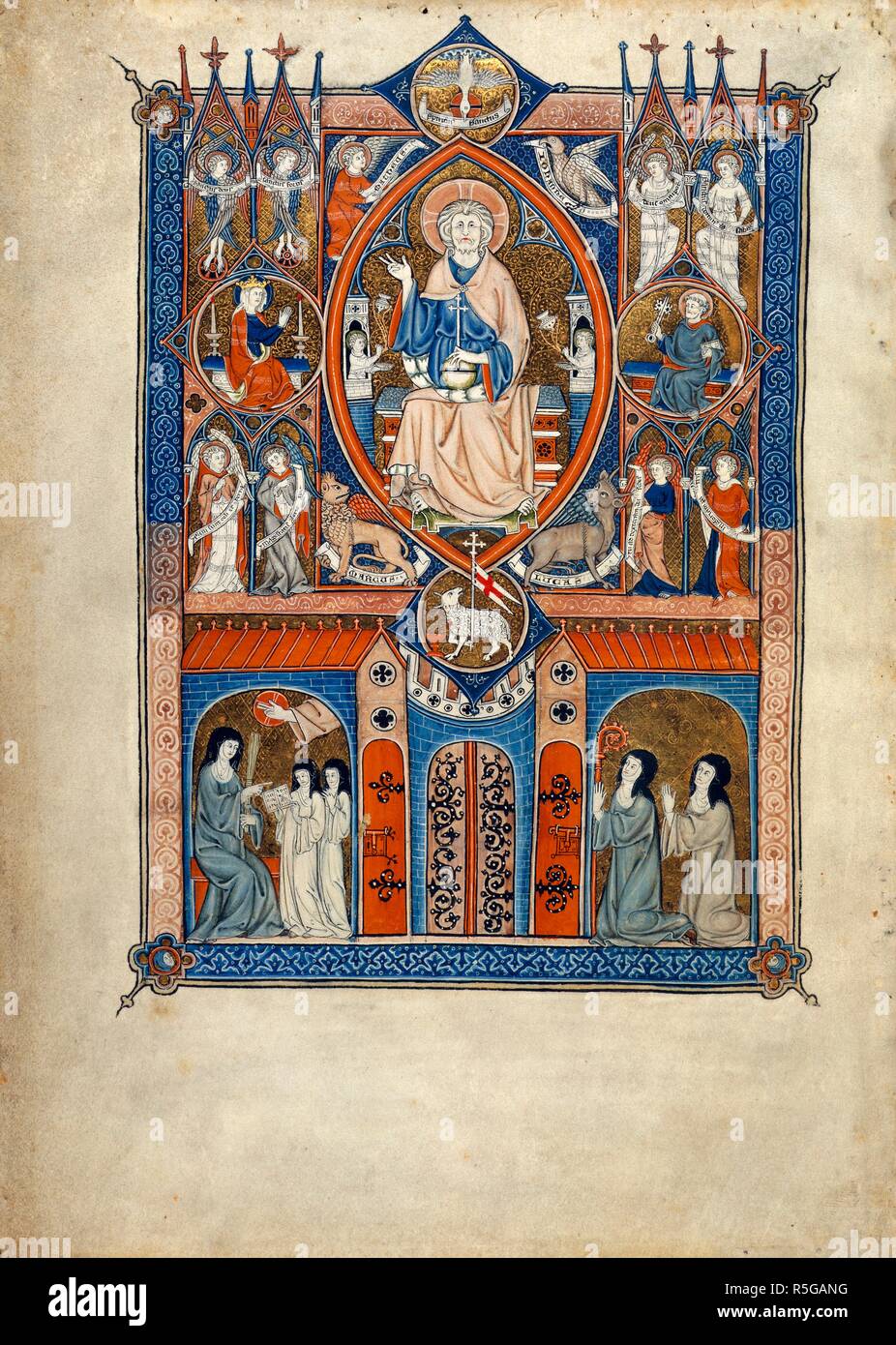 Ideal state of the Sainte Abbaye. La Sainte Abbaye. France [Paris or Maubuisson?]; between 1290 and 12. [Whole folio] In centre, God in mandorla, blessing, and holding an orb, with the Holy Spirit above, and the Paschal Lamb below. Either side, the Virgin and St Peter; and in the corners, the Evangelists' symbols, and seraphs and angels holding rolls. Below; a tower with battlements and elaborate ironwork. On left, Mistress of the Novices with birch rod, and two novices. On right; the abbess and a nun kneel, looking up at the Lamb  Image taken from La Sainte Abbaye.  Originally published/produ Stock Photo