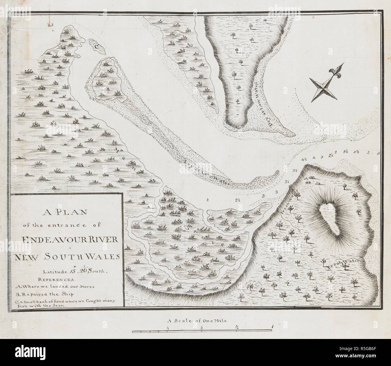 A plan of the entrance of Endeavour River, in New South Wales; drawn by Lieut. James Cook, on a scale of 4 1/2 inches to a mile. Charts, Plans, Views, and Drawings taken on board the Endeavour during Captain Cook's First Voyage, 1768-1771. 1770. Ms. 1 f. x 9 1/2 in.; 30 x 24 cm.; Scale 1: 14 080. 4 1/2 inches to a mile. Source: Add. 7085, No.42. Stock Photo