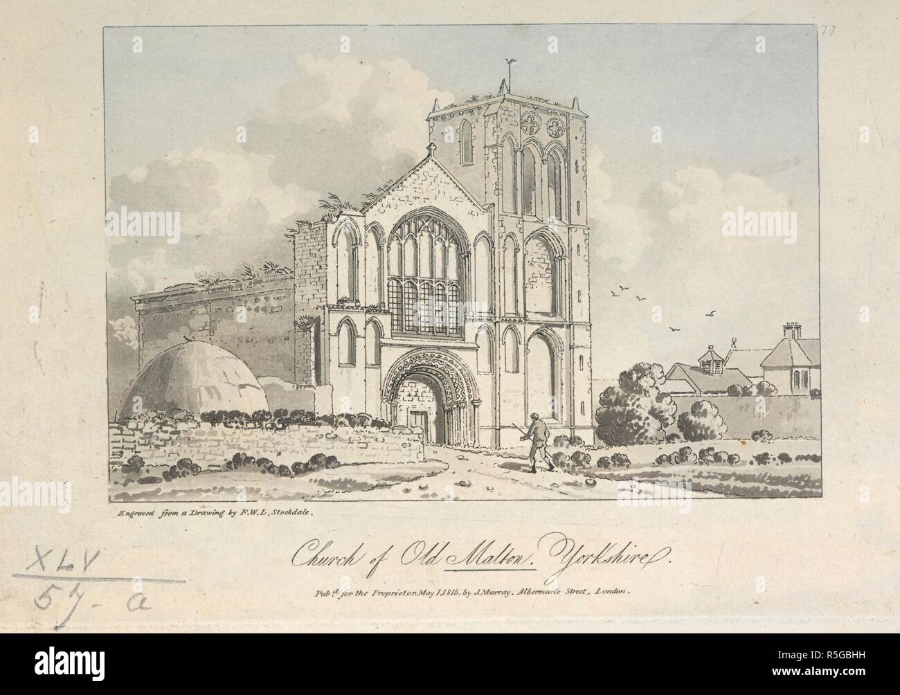 Church of Old Malton, Yorkshire. A figure walking towards St Mary's Priory Church, Old Malton; buildings and trees in the distance to the right. [London] : Pubd for the Proprietor May 1 1815 by J. Murray, Albermarle Strret, London., [May 1 1815]. Source: Maps K.Top.45.57.a. Language: English. Stock Photo
