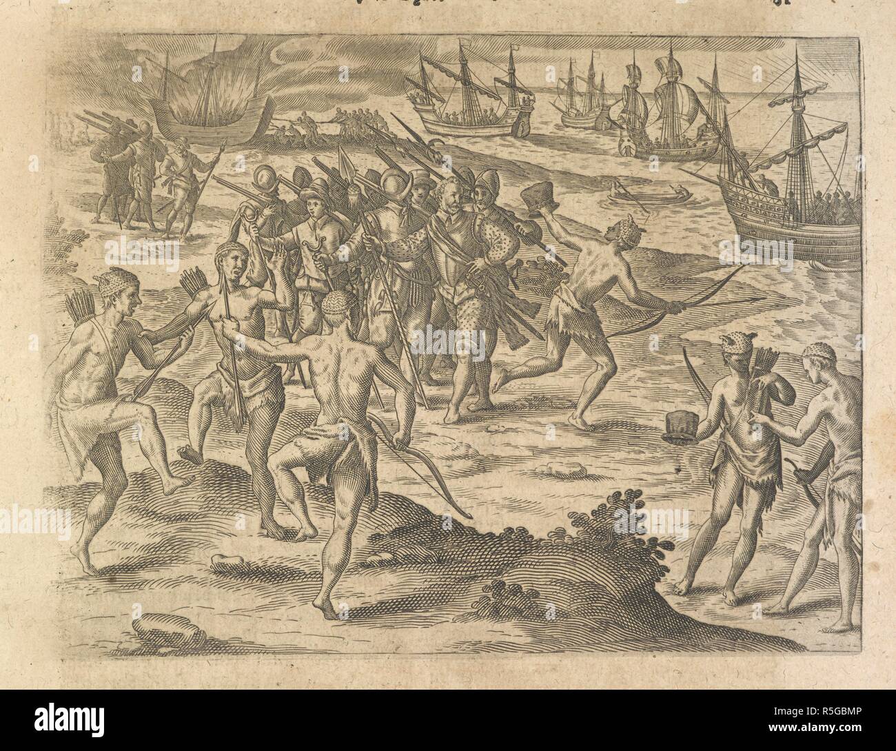 Eurpoean explorers arriving and encountering native Americans. America. -Part VII.-German. Oppenheim : Bey H. Gallern, 1617. Source: 10003.e.26 p.81.