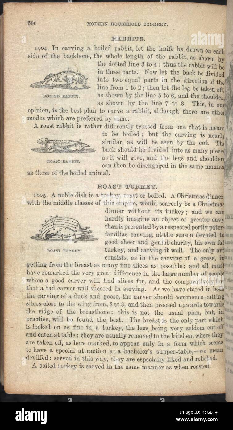 Recipes for rabbit and roast turkey. The Book of Household Management. Edited by Mrs. I. Beeton, etc. [With illustrations.]. London : S. O. Beeton, 1861. Source: 7953.d.28 volume 1, page 506. Language: English. Author: BEETON, ISABELLA MARY. Stock Photo