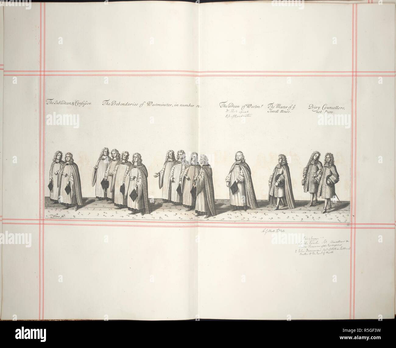 Part of the formal procession for the coronation of James II: the sub Dean & Confessor; the Prebendaries of Westminster; the Dean of Westminster; the Master of Jervell House; Privy Councellors, not Peers. The History of the Coronation of ... James II. ... and of Queen Mary. T. Newcomb: In the Savoy, [London,] 1687. Source: G.8188, +106. Language: English. Author: SANDFORD, FRANCIS. Stock Photo