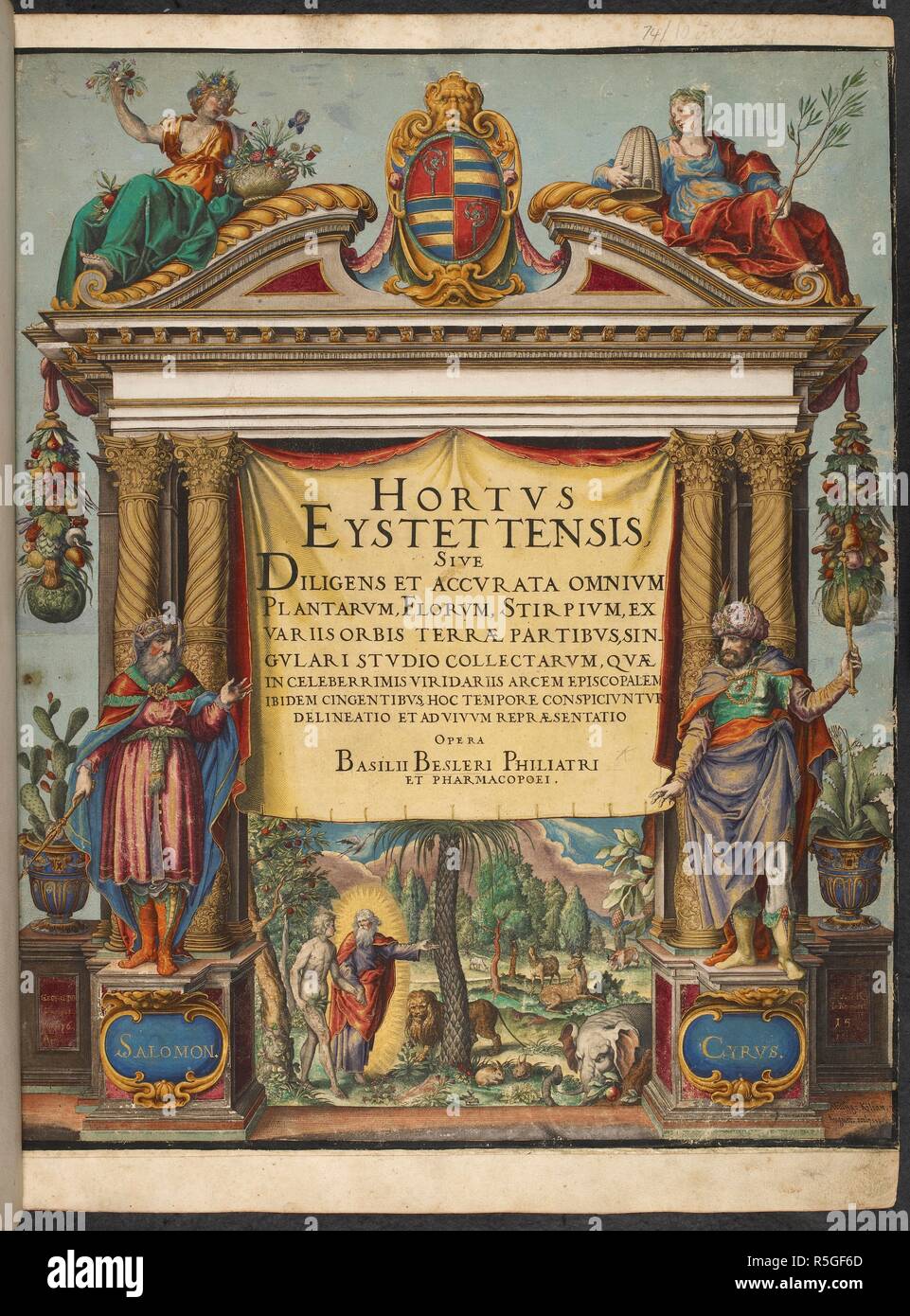 Title page. Hortus Eystettensis. George Mack, Nuremberg, 1613. Title page of Hortus Eystettensis.  Image taken from Hortus Eystettensis.  Originally published/produced in George Mack, Nuremberg, 1613. . Source: 10.Tab.29, title page. Stock Photo