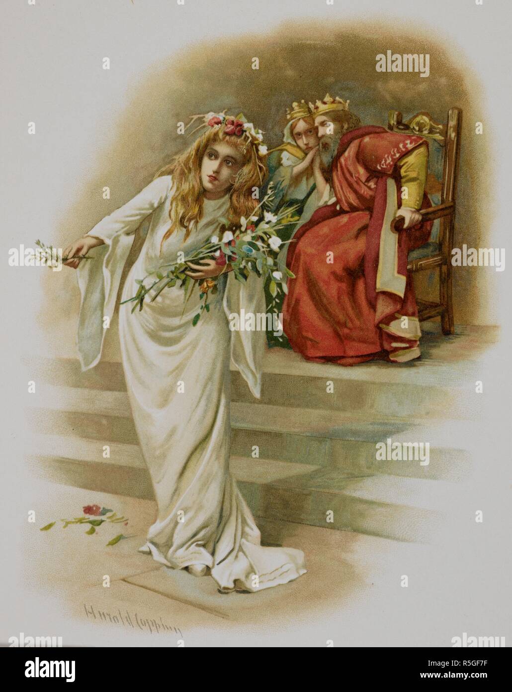 The grief stricken Ophelia hands out flowers and herbs. The king and