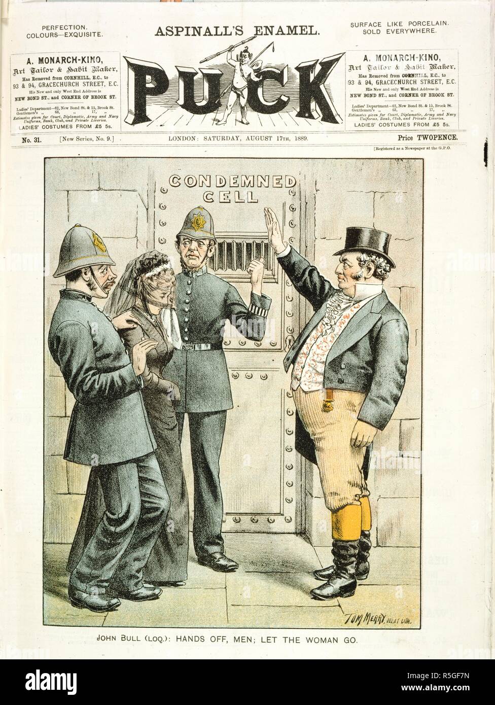 Imprisoned woman. Puck. London, August 17, 1889. John Bull (LOQ.): Hands off, men; let the woman go'. A woman wearing a veil is being taken into a prison cell by two policemen. 'John Bull' is indicating to them to stop.  Image taken from Puck.  Originally published/produced in London, August 17, 1889. . Source: Colindale, front page. Language: English. Author: MERRY, TOM. Stock Photo