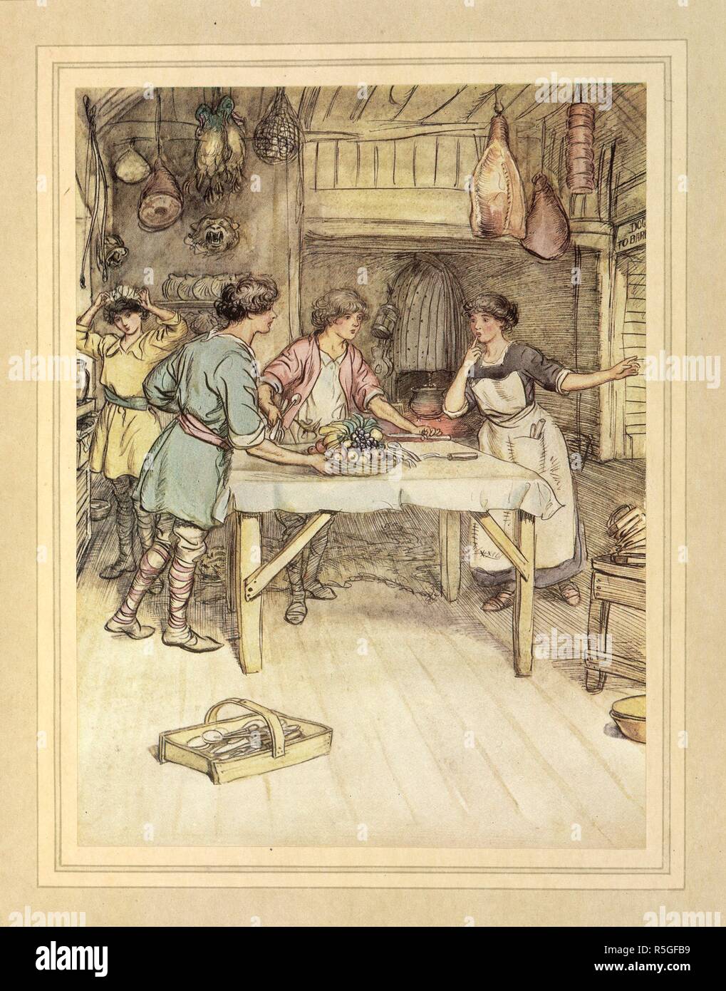 Preparing food. The Admirable Crichton ... Illustrated by Hugh Thomson. Hodder & Stoughton: London, [1914.]. Source: K.T.C.102.b.3, page 162. Language: English. Stock Photo