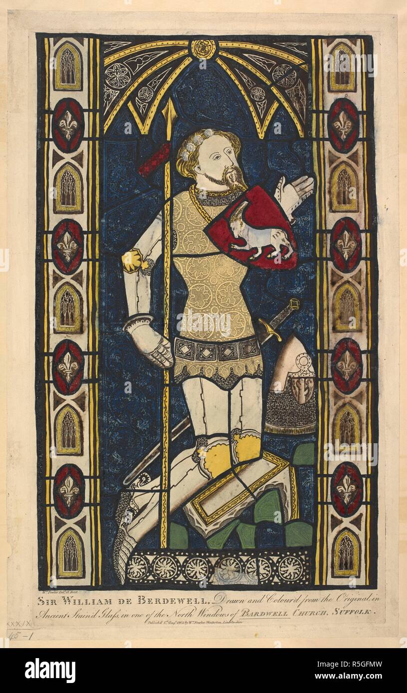 A hand-coloured etching of a stained glass window depicting Sir William de Berdewell at Bardwell Church in Suffolk. Publish'd 1st Augt 1805 by Wm Fowler, Winterton, Lincolnshire. Source: Maps K.Top.39.45.1. Language: English. Stock Photo
