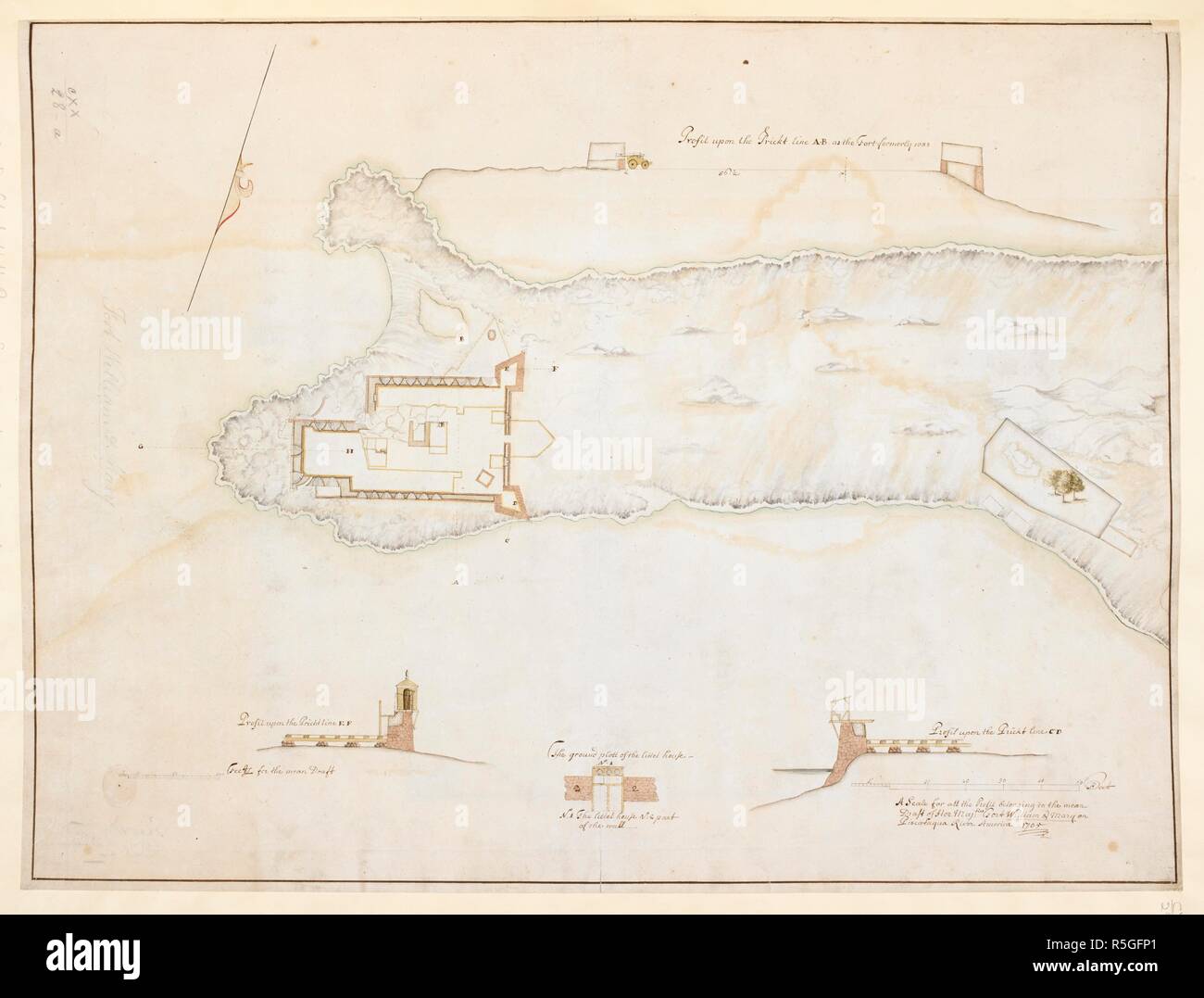 A plan of Fort William and Mary on the Island of New Castle surrounded by the  Piscataqua River, with a view in profile of the Fort as it formerly was showing a cannon and a piece of wall above. Two sections of the bastions and a detail of the watch-house below. Fort William and Mary on Piscataqua River. 1705. Source: Maps K.Top.120.28.a. Language: English. Stock Photo