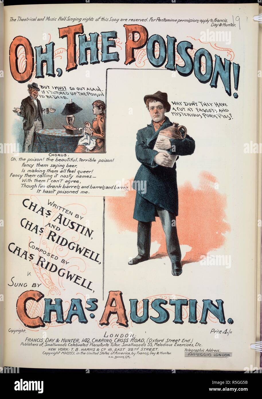 Music cover. Song on the subject of drinking alcohol. Oh, the Poison! <Song.> Written by Chas. Austin and C. Ridgwell, etc. [Staff and tonic sol-fa notation. Voice part.]. London : Francis, Day & Hunter, [1901]. Source: H.3986.rr.(18). Author: Ridgwell, Charles. Stock Photo