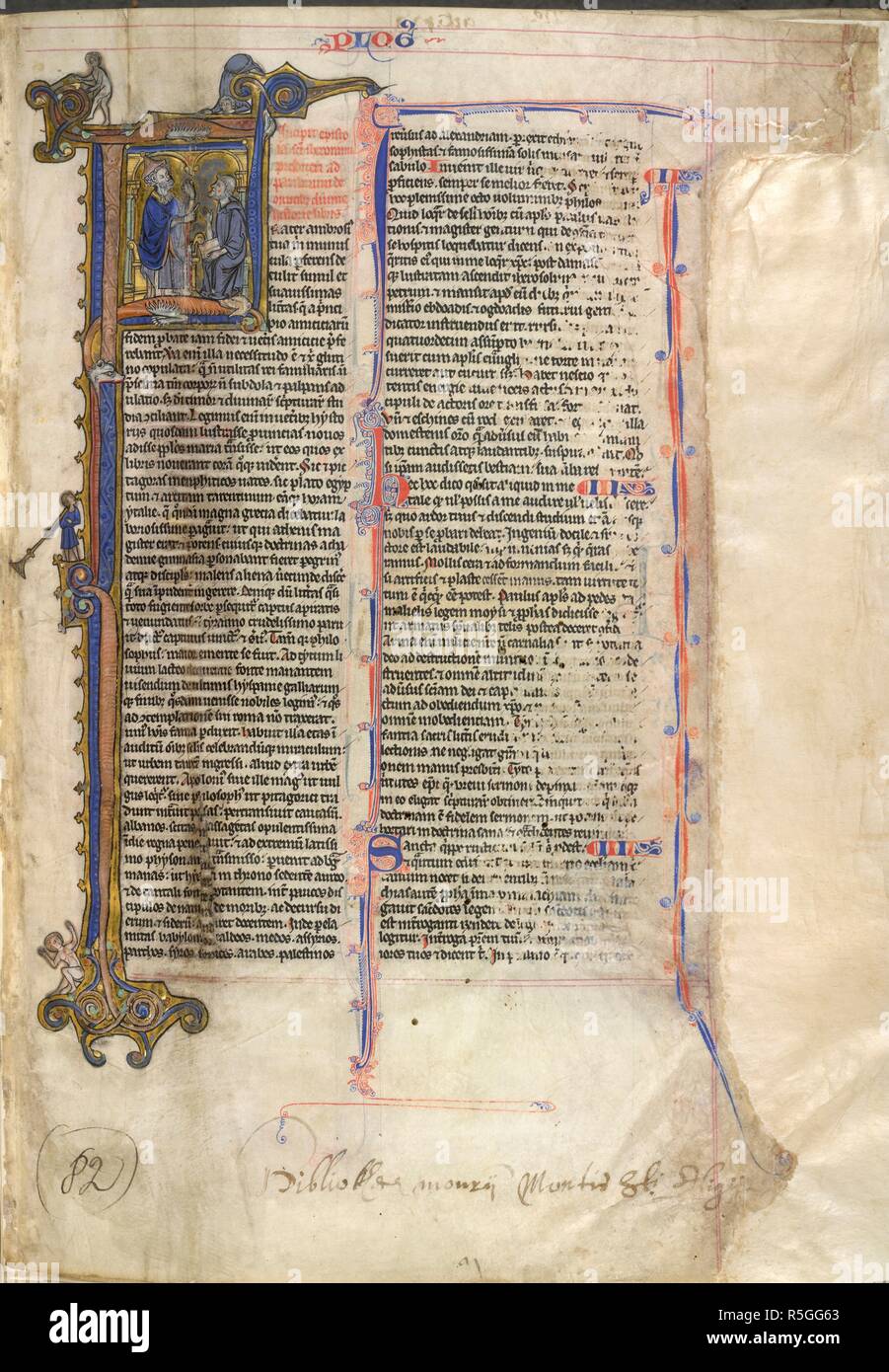 Historiated initial 'F'(rater) with Jerome and Pope Damasus, at the beginning of the Bible; ownership inscription: '82 Bibliotheca monasterii montis Sancti Eligii' in the lower margin. Bible ('The Brantwood Bible'). France, N. (Arras); c. 1260. Source: Yates Thompson 22, f.1. Language: Latin. Stock Photo