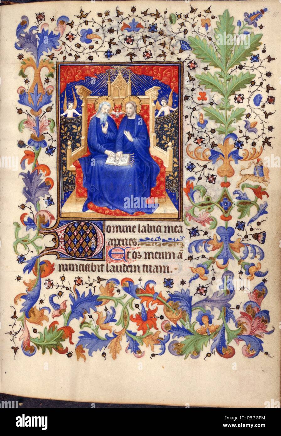 The Holy Trinity. Chevalier Hours. France [Paris]; circa 1420. [Whole folio] Office of Holy Trinity. The Holy Trinity; God the Father and Christ seated, with the Holy Dove between them. Text with decorated initial 'D'. Borders with foliage decoration  Image taken from Chevalier Hours.  Originally published/produced in France [Paris]; circa 1420. . Source: Add. 16997, f.111. Language: Latin. Stock Photo
