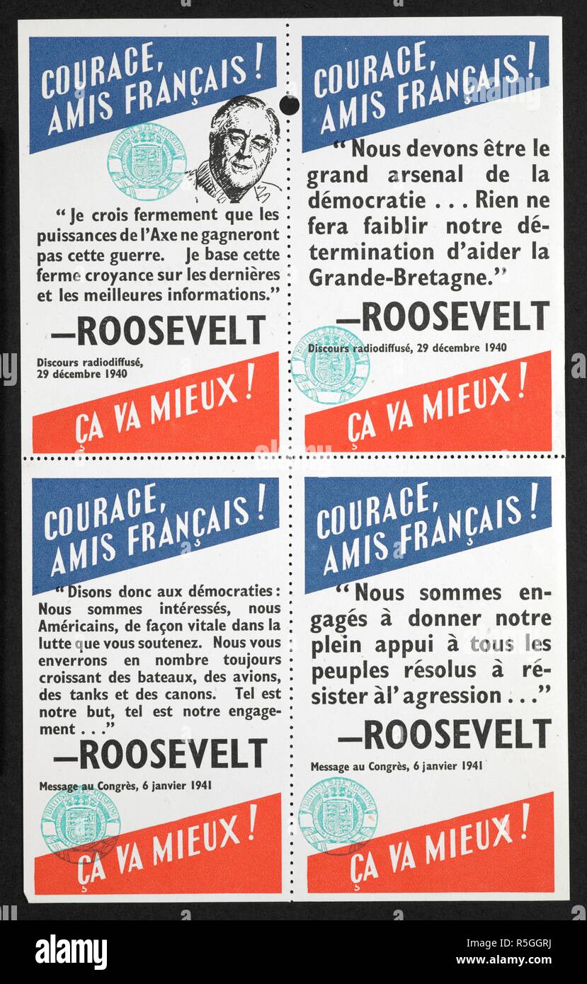 A leaflet containing a message from President Roosevelt to the French. [A collection of leaflets and magazines initiated by the Political Intelligence Department of the Foreign Office, the Office of War Information, United States and the Psychological Warfare Division of the Supreme Headquarters, Allied Expeditionary Force and dropped by United Kingdom based aircraft during World War II over Belgium, Channel Islands, Czechoslovakia, Denmark, France, Germany, Holland, Italy, Luxembourg, Norway and Poland for purposes of propaganda, together with an index.]. Great Britain. Foreign Office. Politi Stock Photo