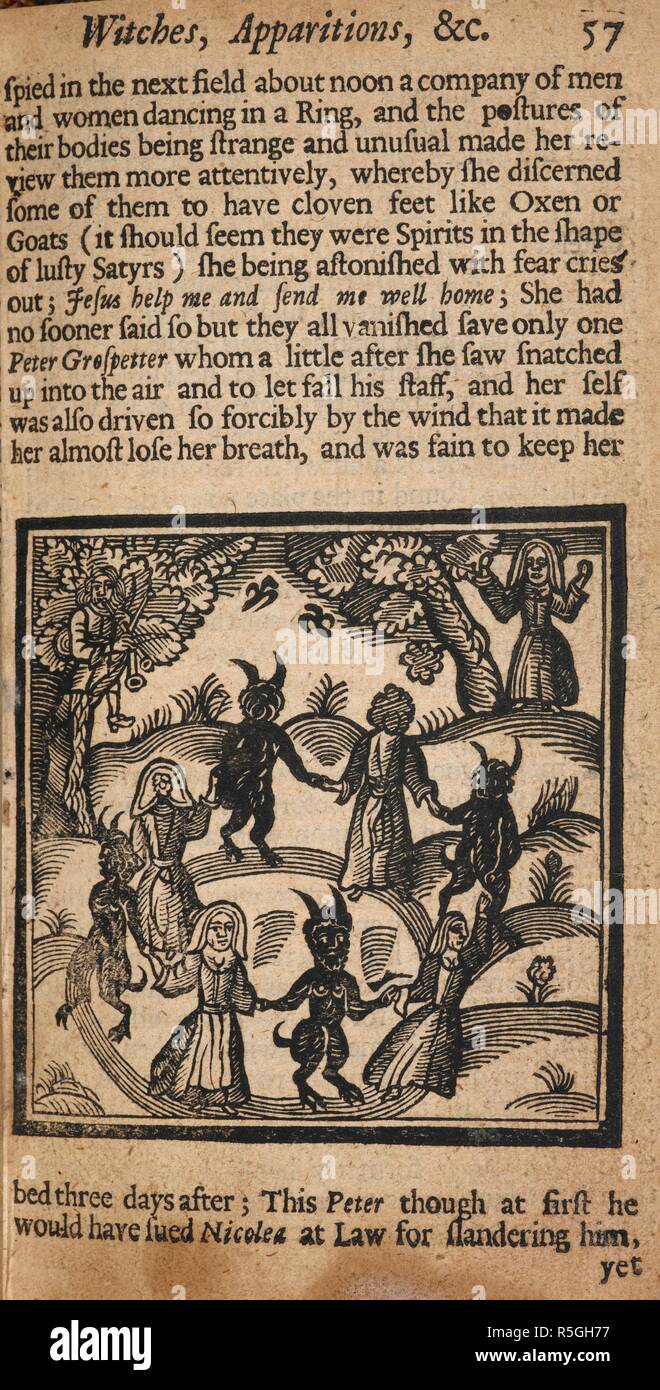 A circle of humans and demons. The Kingdom of Darkness: or, the History of dÃ¦mons, specters, witches, apparitions, possessions, disturbances, and other ... supernatural delusions ... and malicious impostures of the Devil ... London : Printed for Nath. Crouch, 1688. Source: C.118.b.3, page 57. Language: English. Author: NATHANIEL CROUCH. Stock Photo