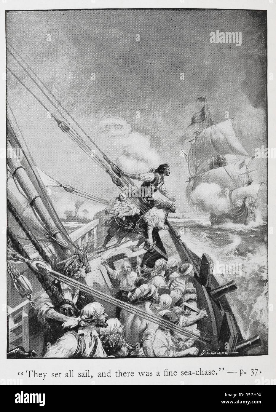 'They set sail, and there was a fine sea-chase'. Illustration showing a pirate ship in pursuit. Buccaneers and Pirates of our Coasts ... New York, 1898. Source: 9770.aa.8, opposite page 37. Author: Stockton, Frank Richard. Varian, G. Stock Photo