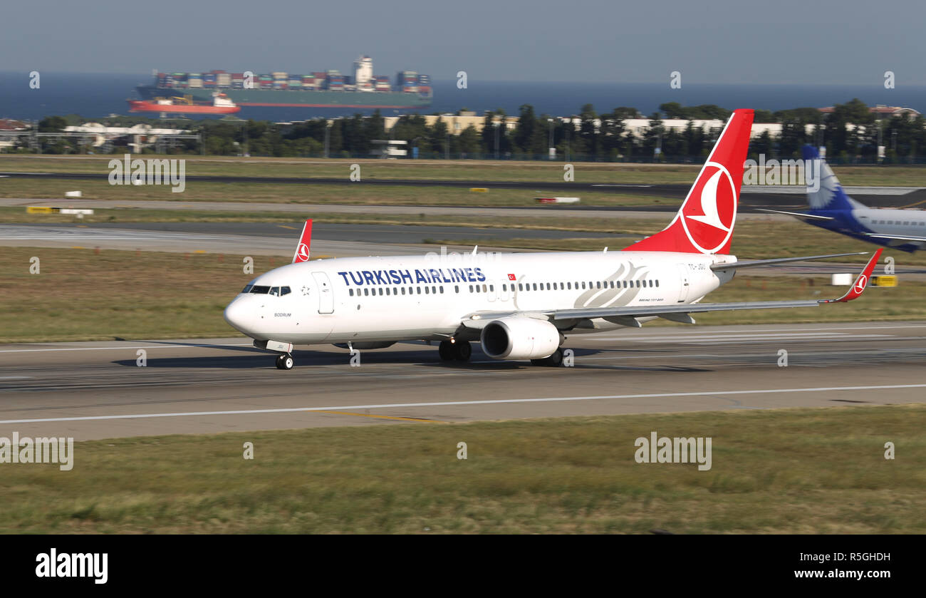ISTANBUL, TURKEY - AUGUST 05, 2018: Turkish Airlines Boeing 737-8F2 (CN 34418) takes off from Istanbul Ataturk Airport. THY is the flag carrier of Tur Stock Photo