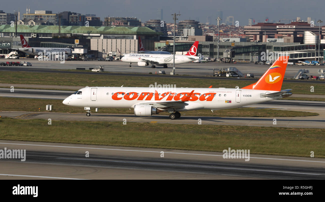ISTANBUL, TURKEY - AUGUST 05, 2018: ConViasa Embraer 190BJ (CN 177) takes off from Istanbul Ataturk Airport. ConViasa has 8 fleet size and 15 destinat Stock Photo
