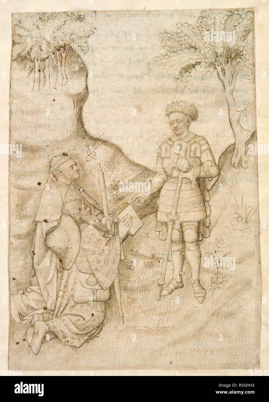 Detail of an inserted miniature of a kneeling pilgrim, accompanied by a monk, presenting a book to a standing knight in armour. A later inscription on the facing folio identifies the monk as John Lydgate, and the knight as the Earl of Salisbury, to whom Lydgate's 'The Pilgrimage of the Life of Man' was dedicated. The figure of the monk may represent either Lydgate (d. c. 1450), a Benedictine monk at the abbey of Bury St Edwards, Suffolk, or Deguileville (d. c. 1358), a Cistercian at the abbey of Chalis in Valois, and the earl of Salisbury, Thomas Montague (d. 1428) may be the figure in armour. Stock Photo