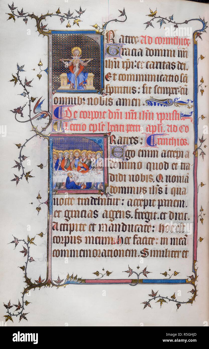 Historiated initial 'F'(ratres) of the Trinity, at the reading for Trinity Sunday, and an historiated initial 'F'(ratres) of the Last Supper, at the reading for Corpus Christi, with partial bar borders. Epistolary of the Sainte-Chapelle, Use of Paris. France, Central (Paris); 2nd or 3rd quarter of the 14th century. Source: Yates Thompson 34, f.116v. Language: Latin. Stock Photo