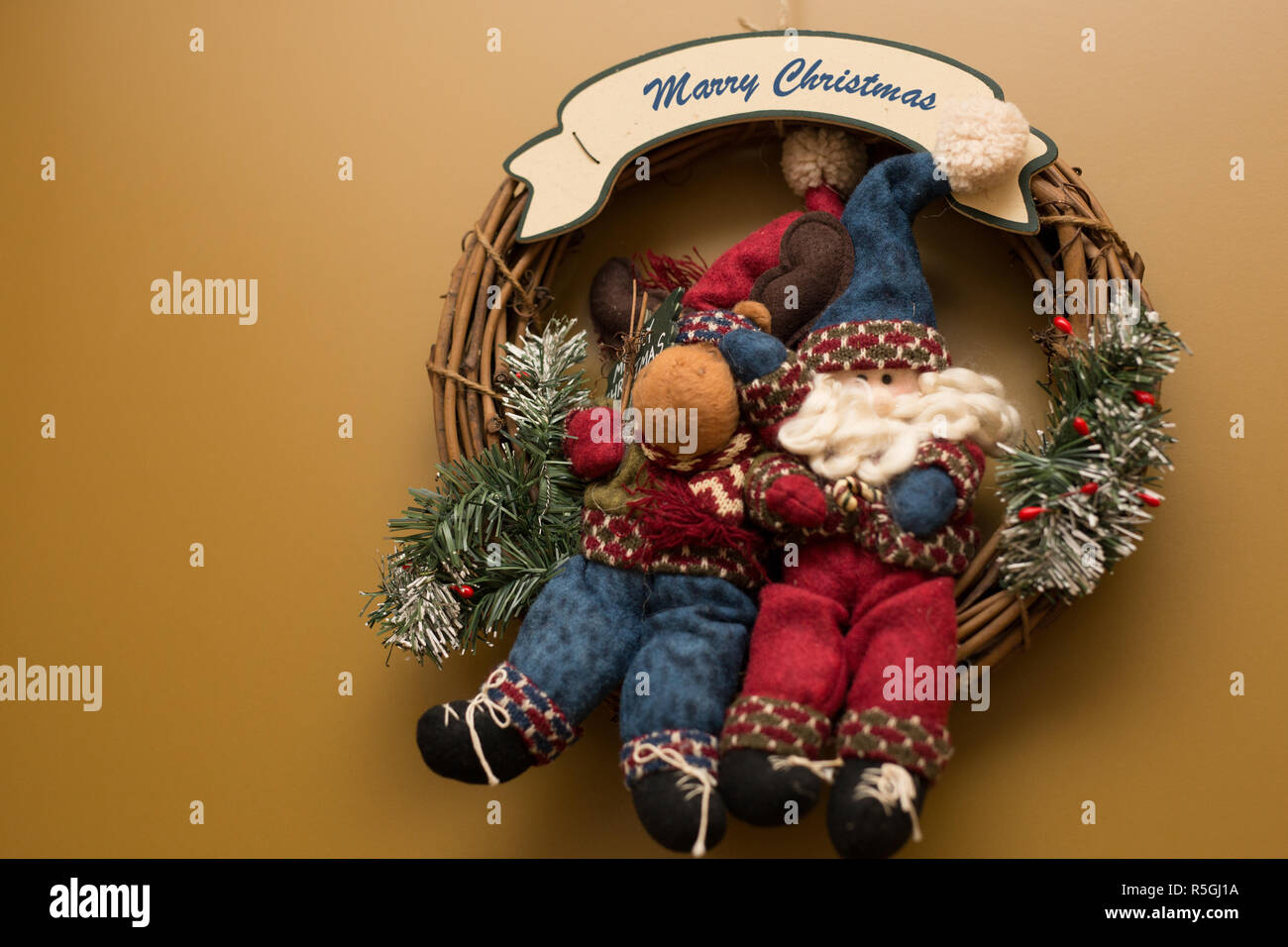 close up christmas decoration on home door Stock Photo